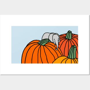 Funny Little Elephant and Halloween Pumpkins Posters and Art